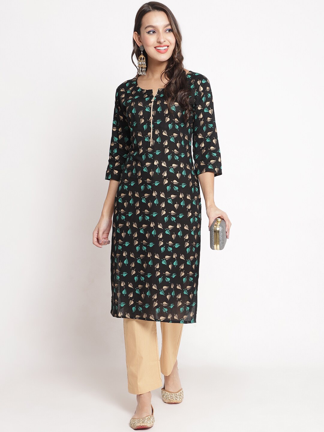 

Jinfo Notch Neck Floral Printed Kurta, Black