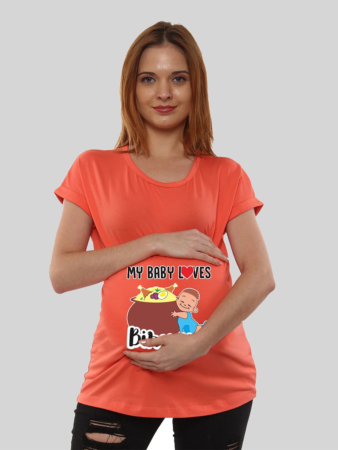 

SillyBoom Baby Loves Biriyani Printed Casual Maternity T-shirt, Orange