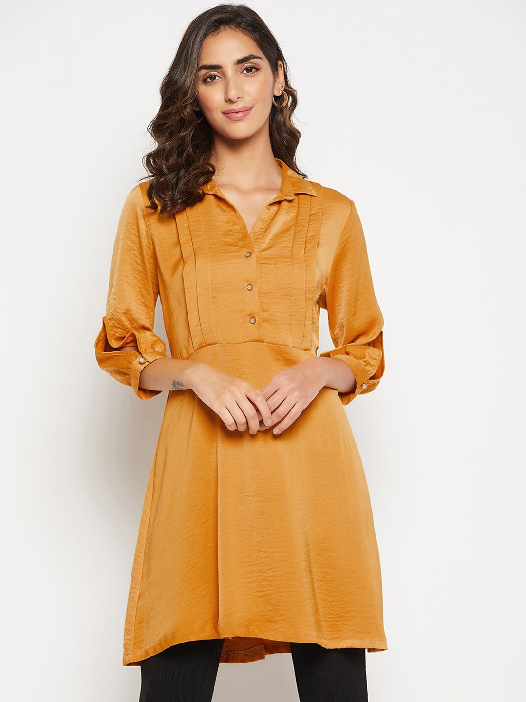 

Crozo By Cantabil Shirt Collar Cuffed Sleeves Silk Tunic, Mustard