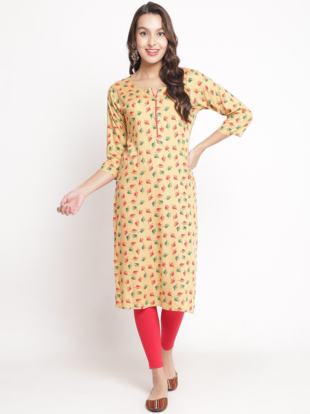 

Jinfo Notched Neck Floral Printed Straight Kurta With Legging, Yellow