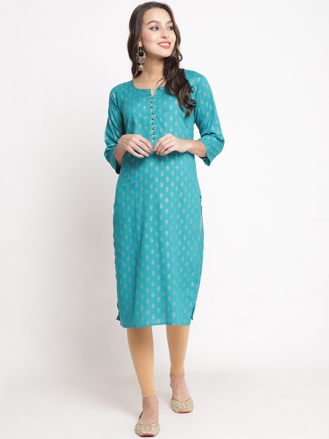 

Jinfo Ethnic Motif Printed Notch Neck Straight Kurta With Leggings, Turquoise blue