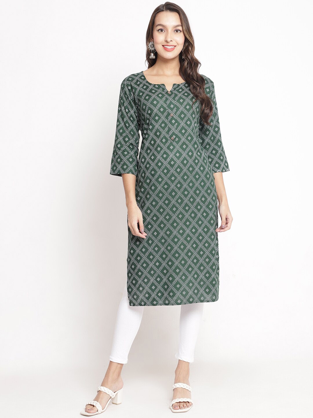 

Jinfo Bandhani Printed Notched Neck Straight Kurta with Leggings, Green