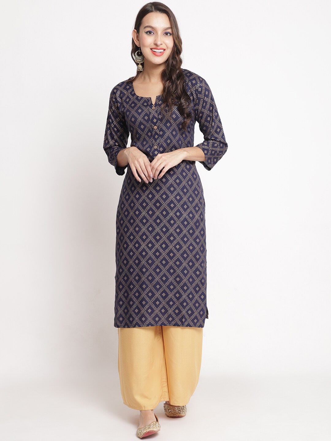 

Jinfo Bandhani Printed Notch Neck Straight Kurta with Palazzos, Navy blue