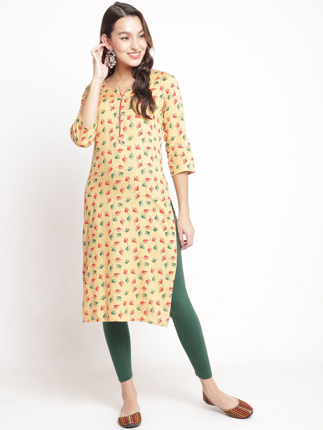 

Jinfo Ethnic Motif Printed Notch Neck Block Print Straight Kurta With Leggings, Beige