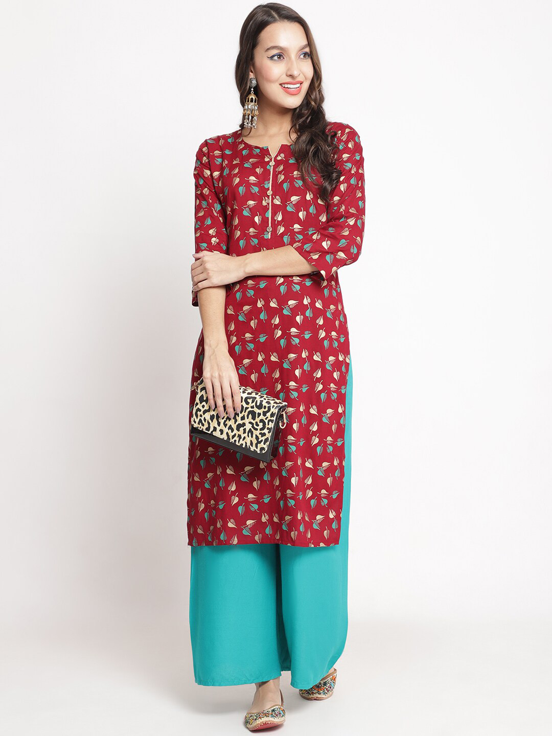 

Jinfo Ethnic Motif Printed Notch Neck Straight Kurta With Palazzos, Red