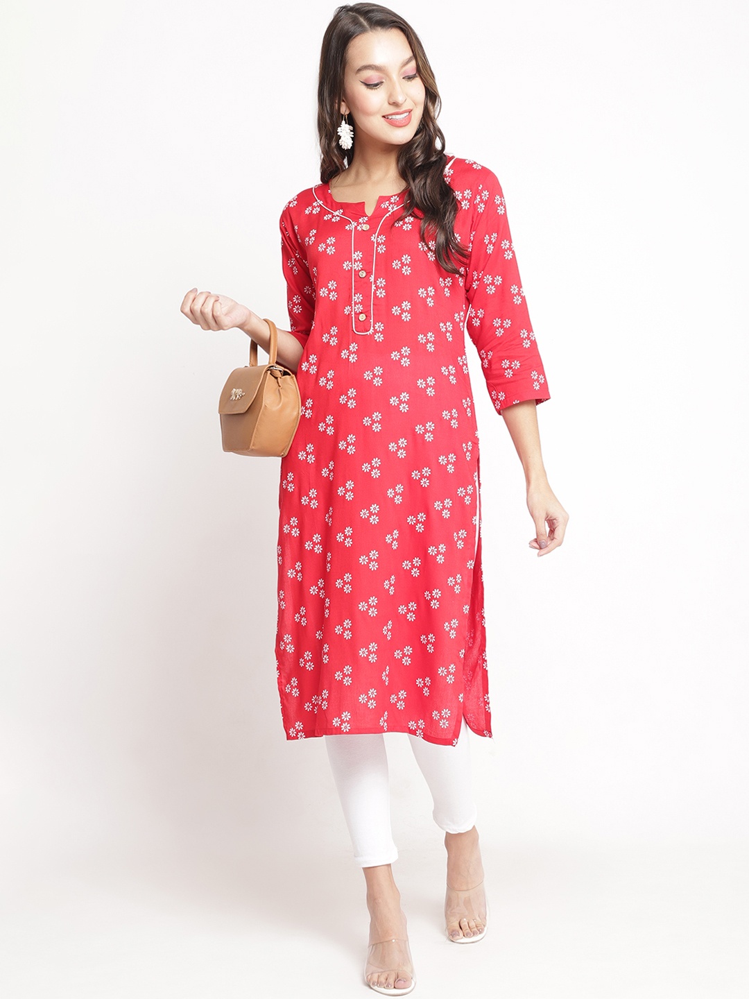 

Jinfo Floral Printed Notch Neck Straight Kurta With Leggings, Red