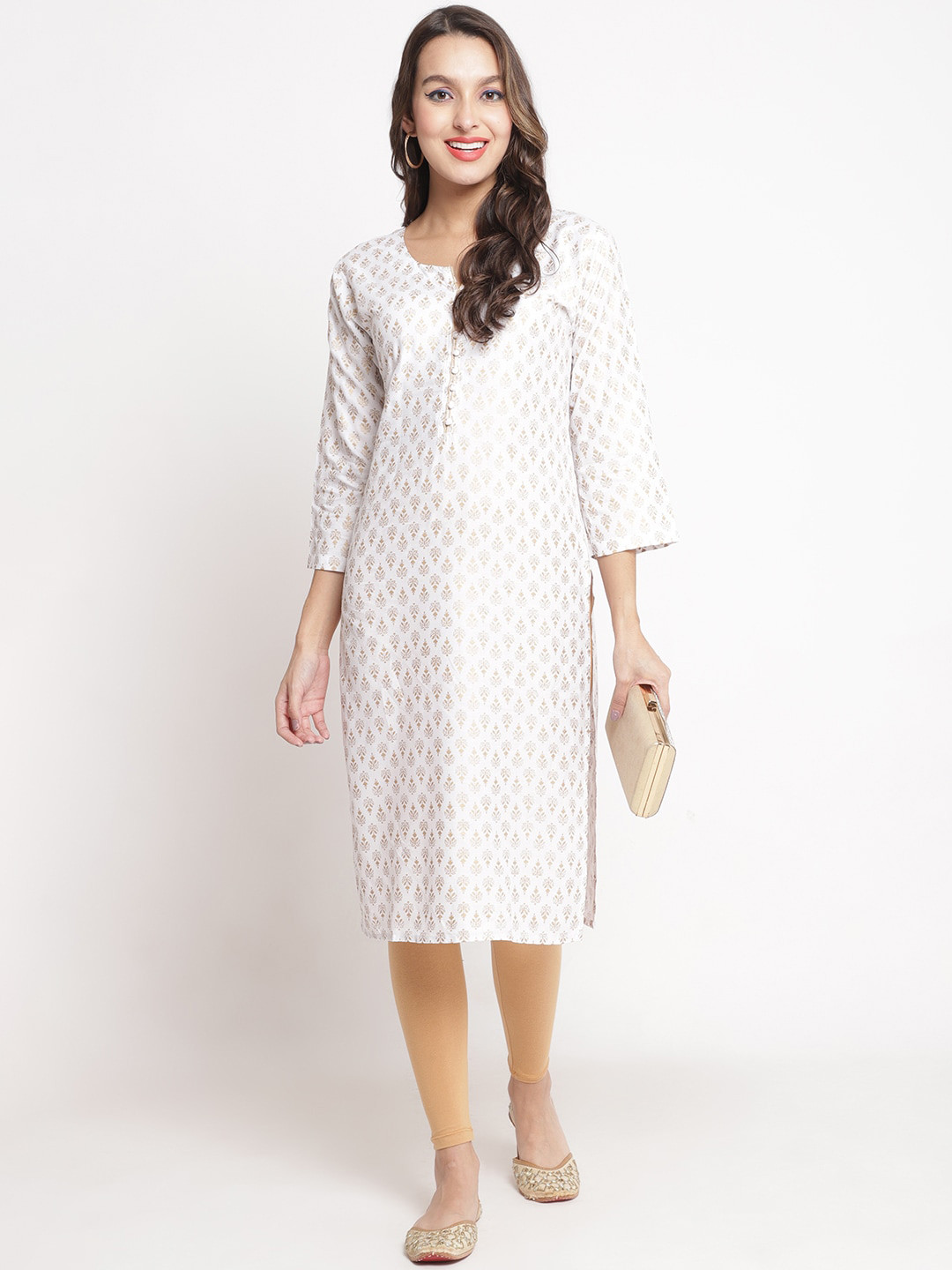 

Jinfo Ethnic Motif Printed Notch Neck Kurta With Leggings, White