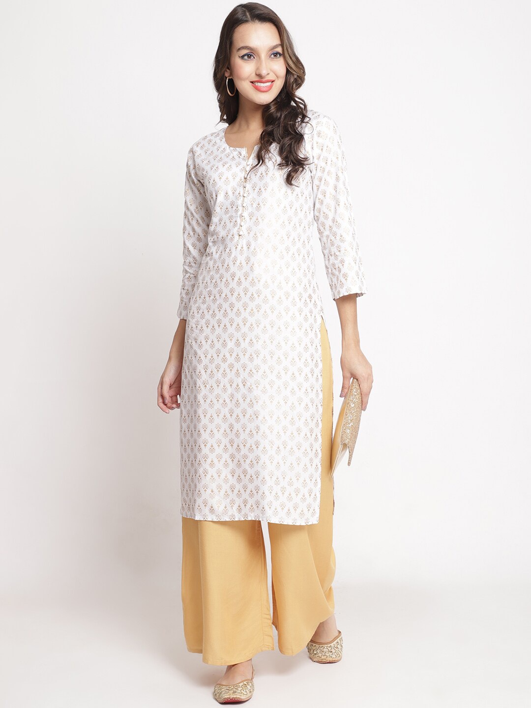 

Jinfo Ethnic Motif Printed Notch Neck Kurta with Palazzos, White