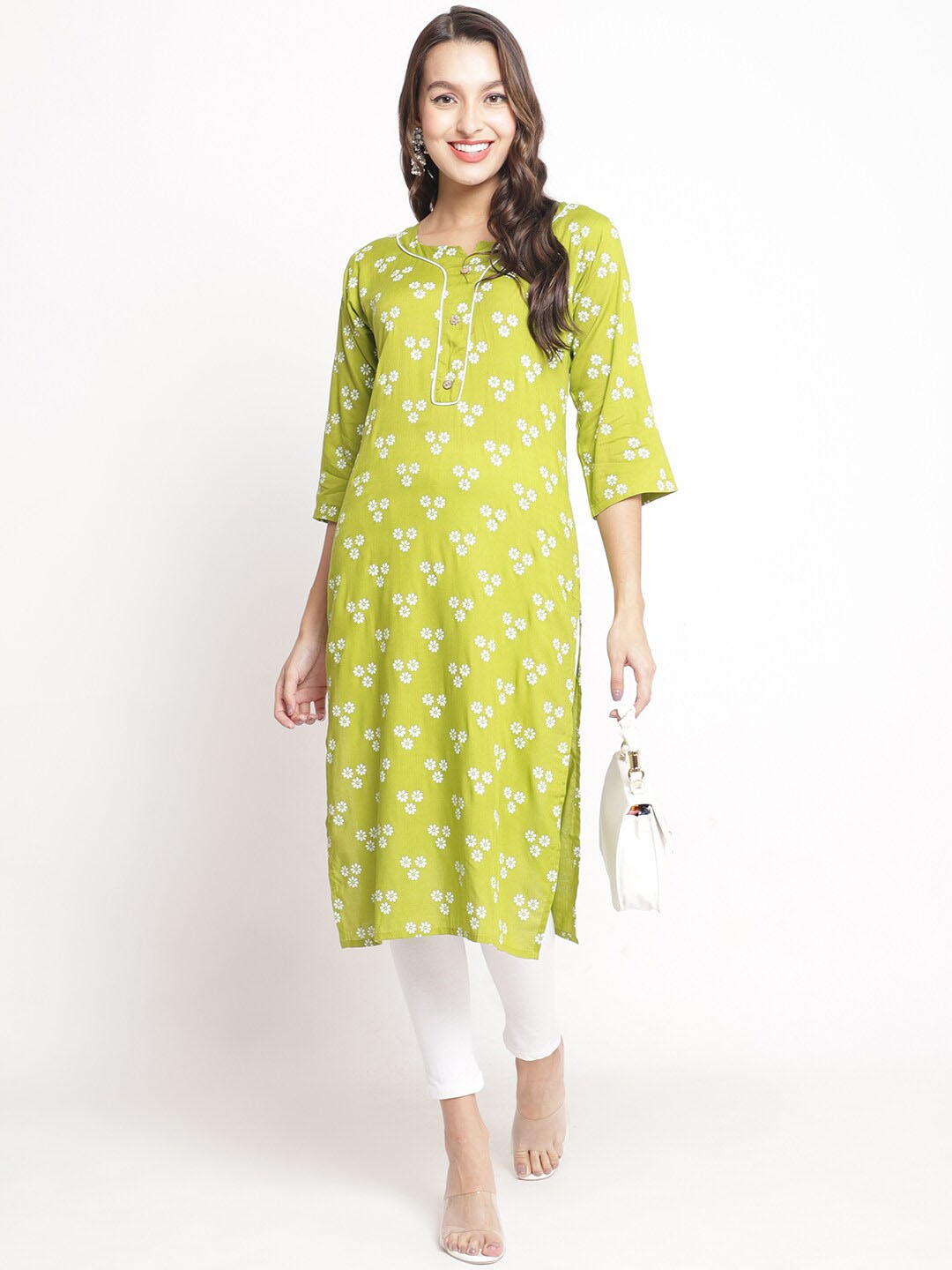 

Jinfo Floral Printed Notch Neck Straight Kurta With Leggings, Green
