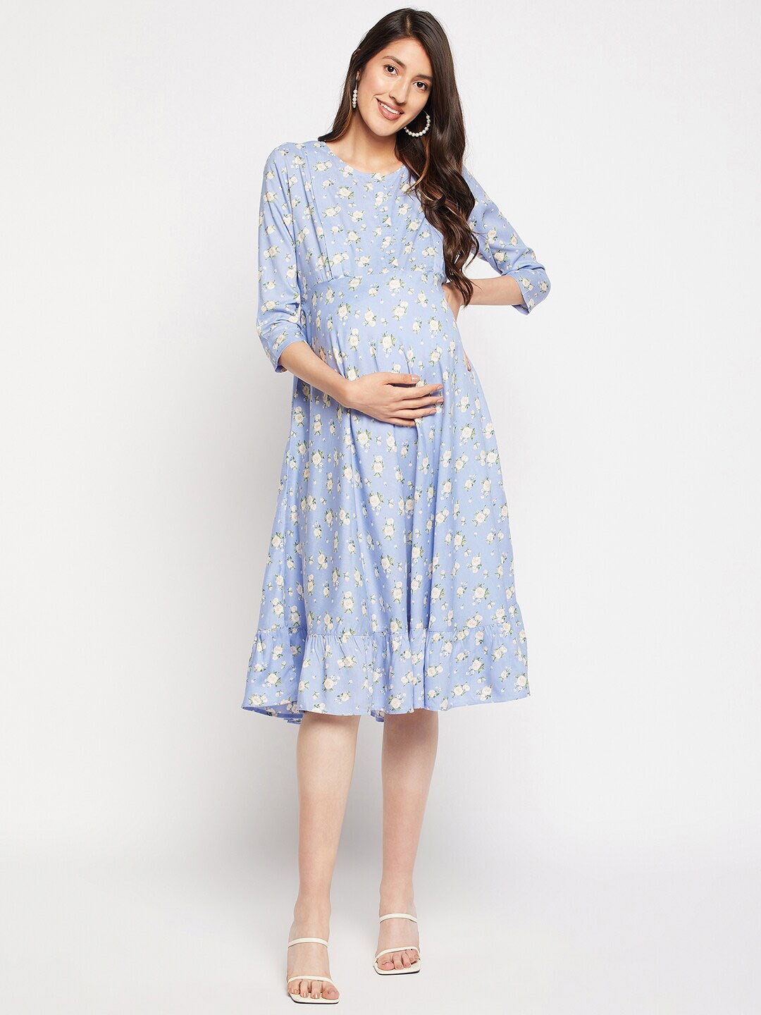 

Hypernation Round Neck Floral Printed Maternity A-Line Midi Dress, Blue