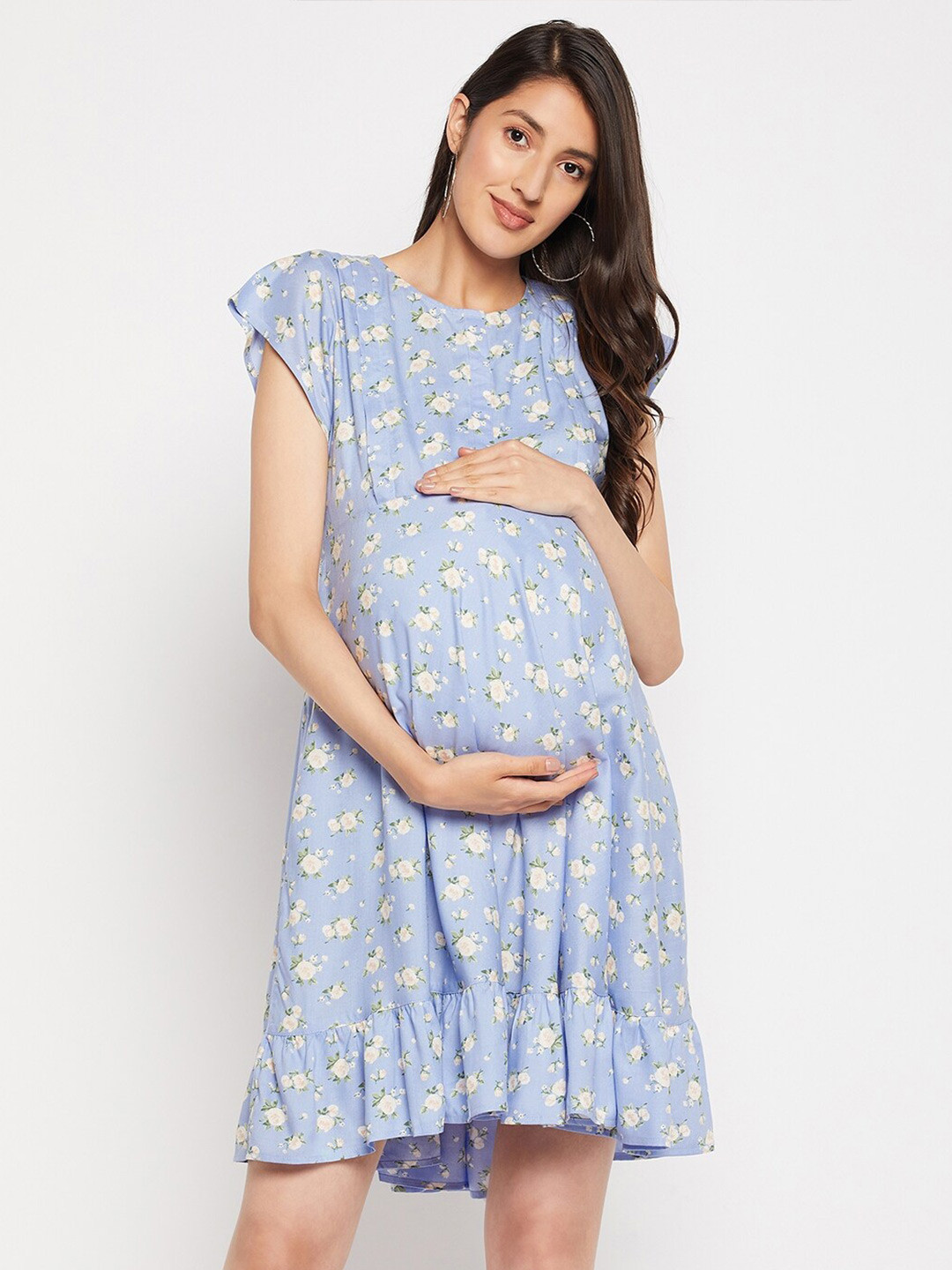 

Hypernation Floral Printed Round Neck Maternity Maternity A-Line Midi Dress, Blue