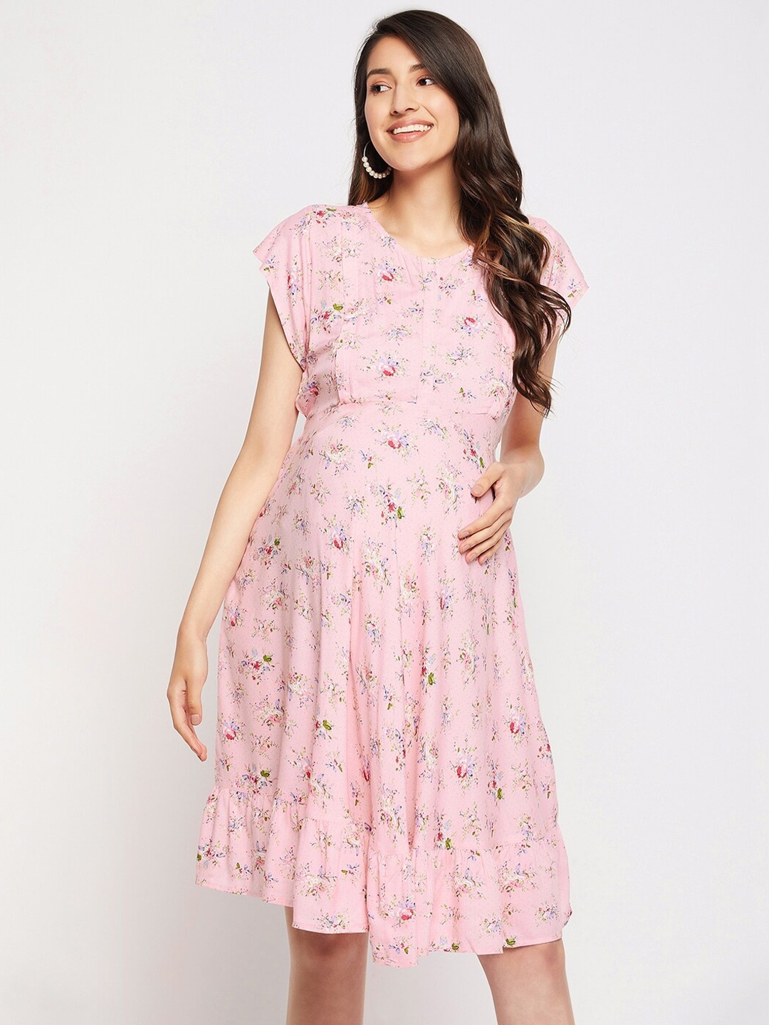 

Hypernation Floral Round Neck Printed Cap Sleeves Maternity A-Line Midi Dress, Pink