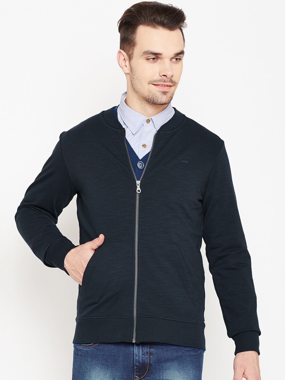 

Jack & Jones Men Navy Solid Bomber Jacket, Navy blue