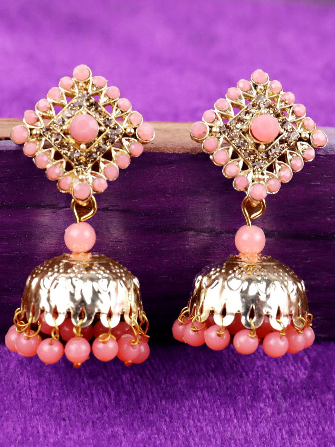 

Krelin Gold-Plated Artificial Stones and Beads Dome Shaped Jhumkas Earrings, Peach