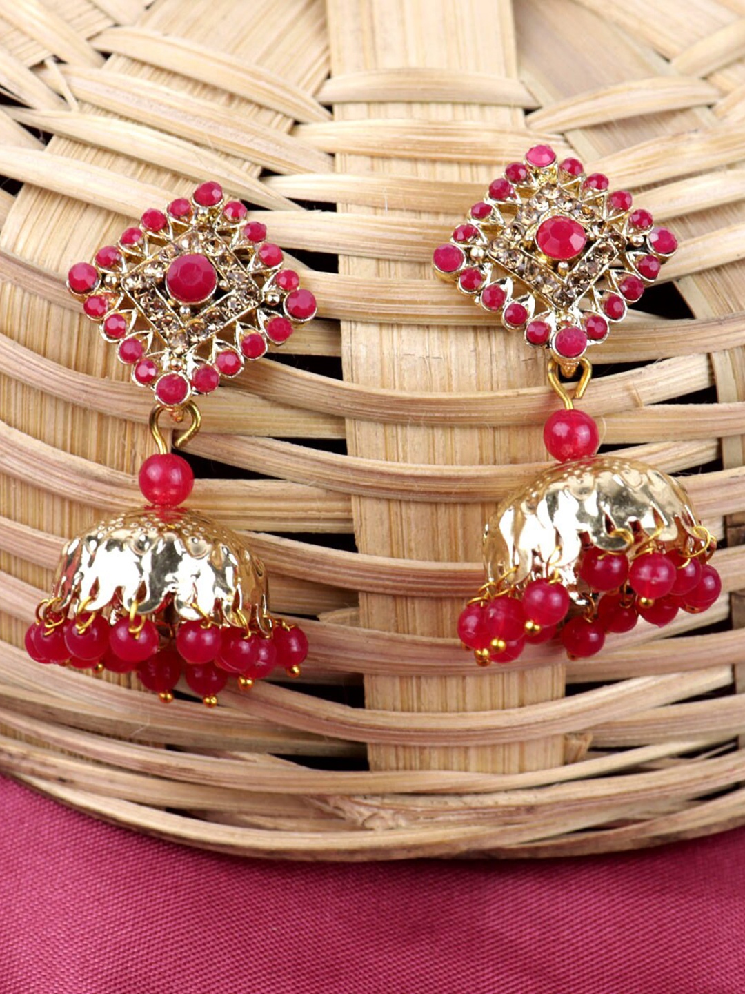 

Krelin Gold Plated Dome Shaped Jhumkas Earrings, Red