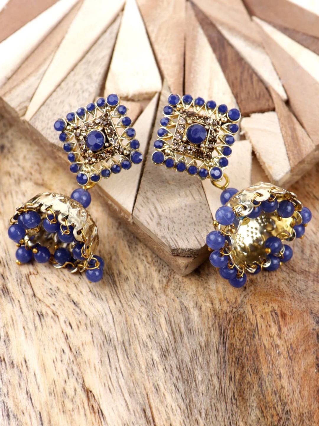 

Krelin Gold-Plated Stone-Studded & Beaded Dome Shaped Jhumkas Earrings, Blue