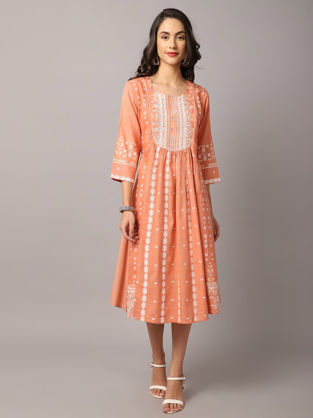 

Cantabil Printed A-Line Midi Dress, Peach