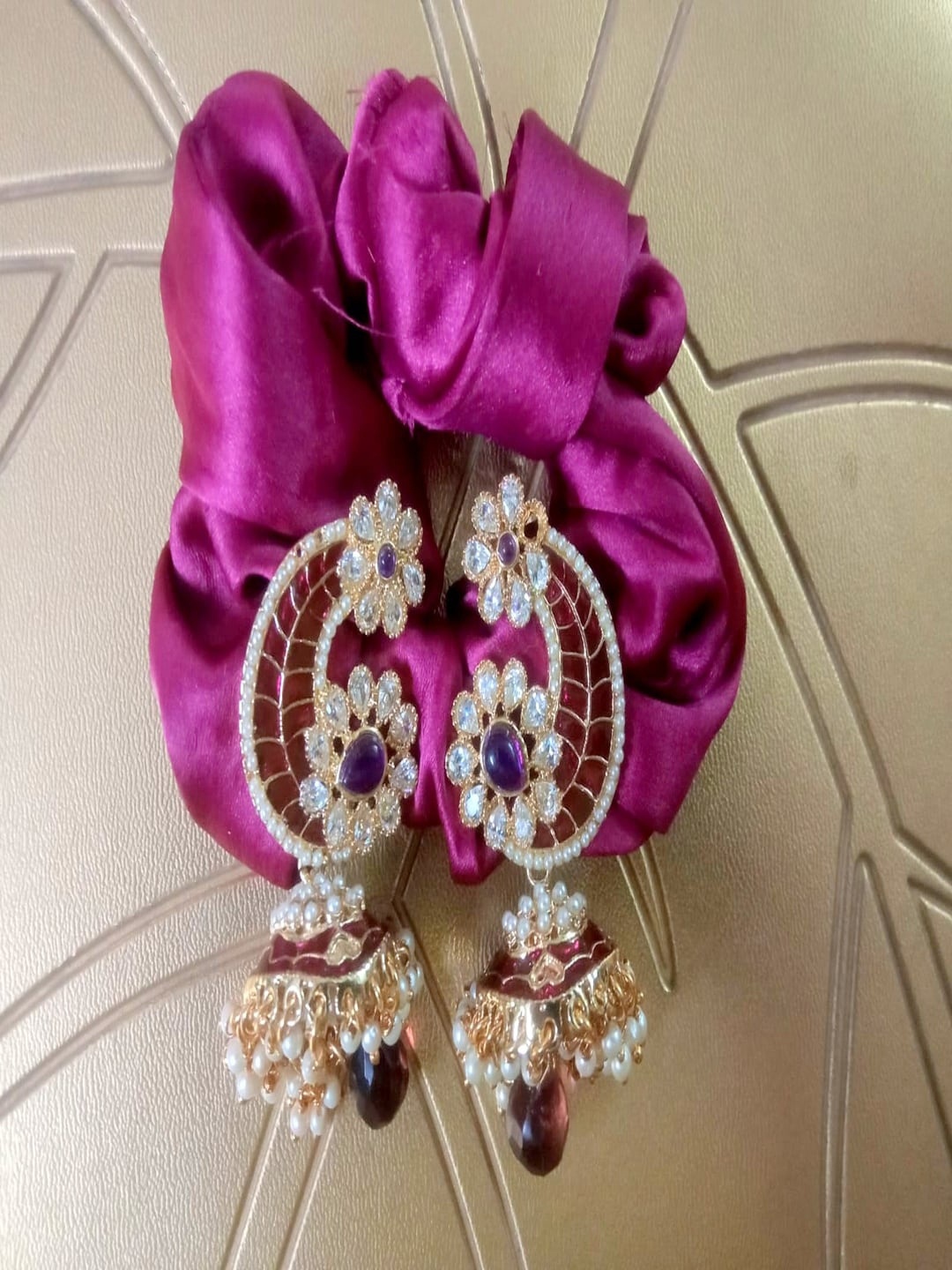 

Runjhun Gold-Plated Kundan Jhumkas, Maroon