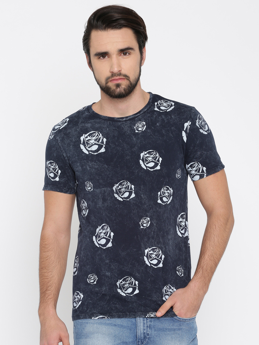 

Jack Jones Men Blue Printed Round Neck Pure Cotton T-shirt
