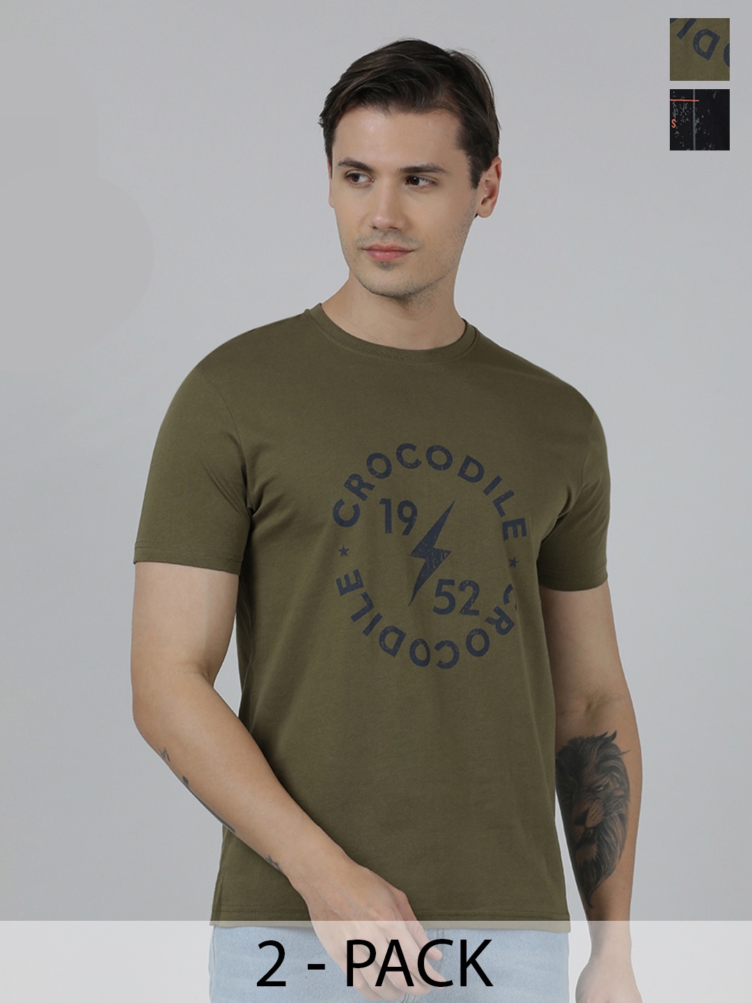

Crocodile Pack Of 2 Typography Printed Slim Fit Cotton T-shirt, Olive