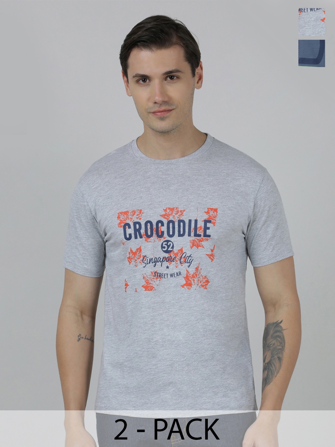 Crocodile Pack Of 2 Typography Printed Cotton Slim Fit T-shirt, Grey