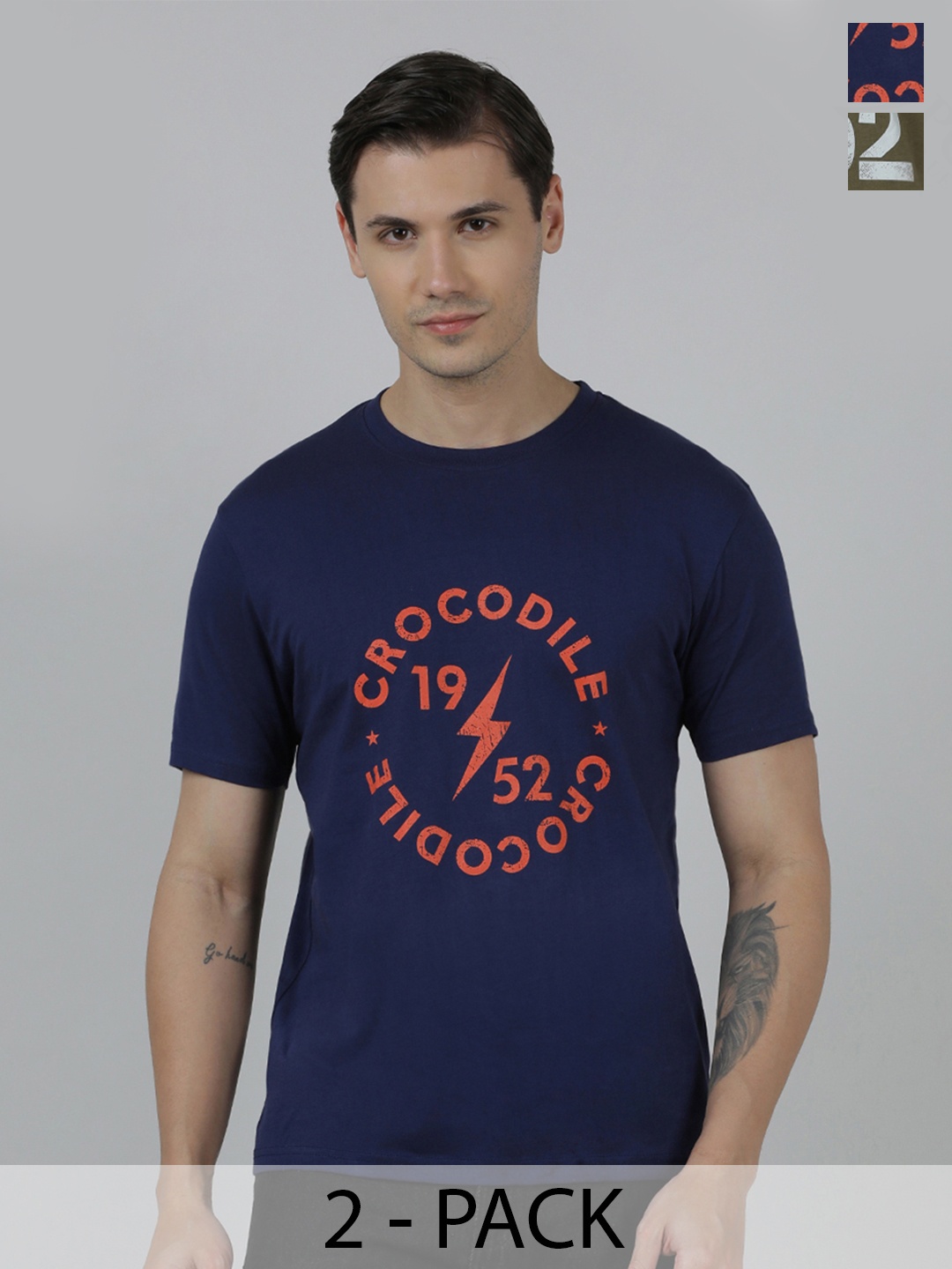 

Crocodile Pack Of 2 Typography Printed Cotton Slim Fit T-shirt, Navy blue
