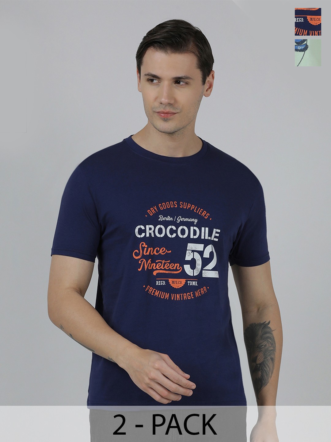 

Crocodile Pack Of 2 Typography Printed Slim Fit Cotton T-shirts, Green