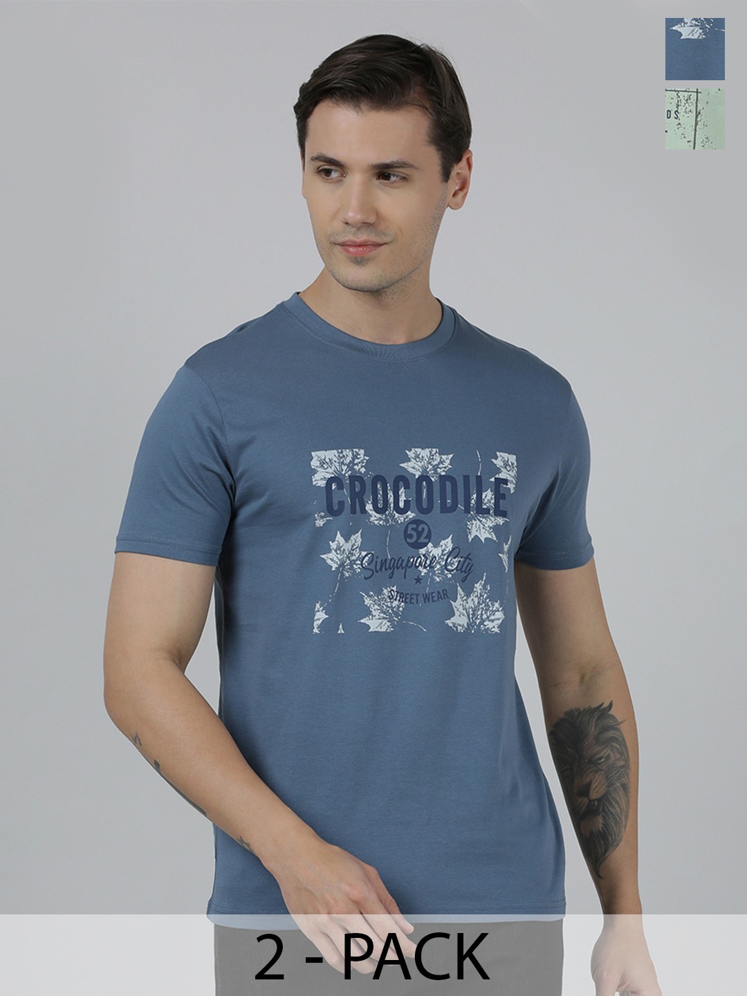 

Crocodile Pack Of 2 Typography Printed Cotton Slim Fit T-shirts, Green