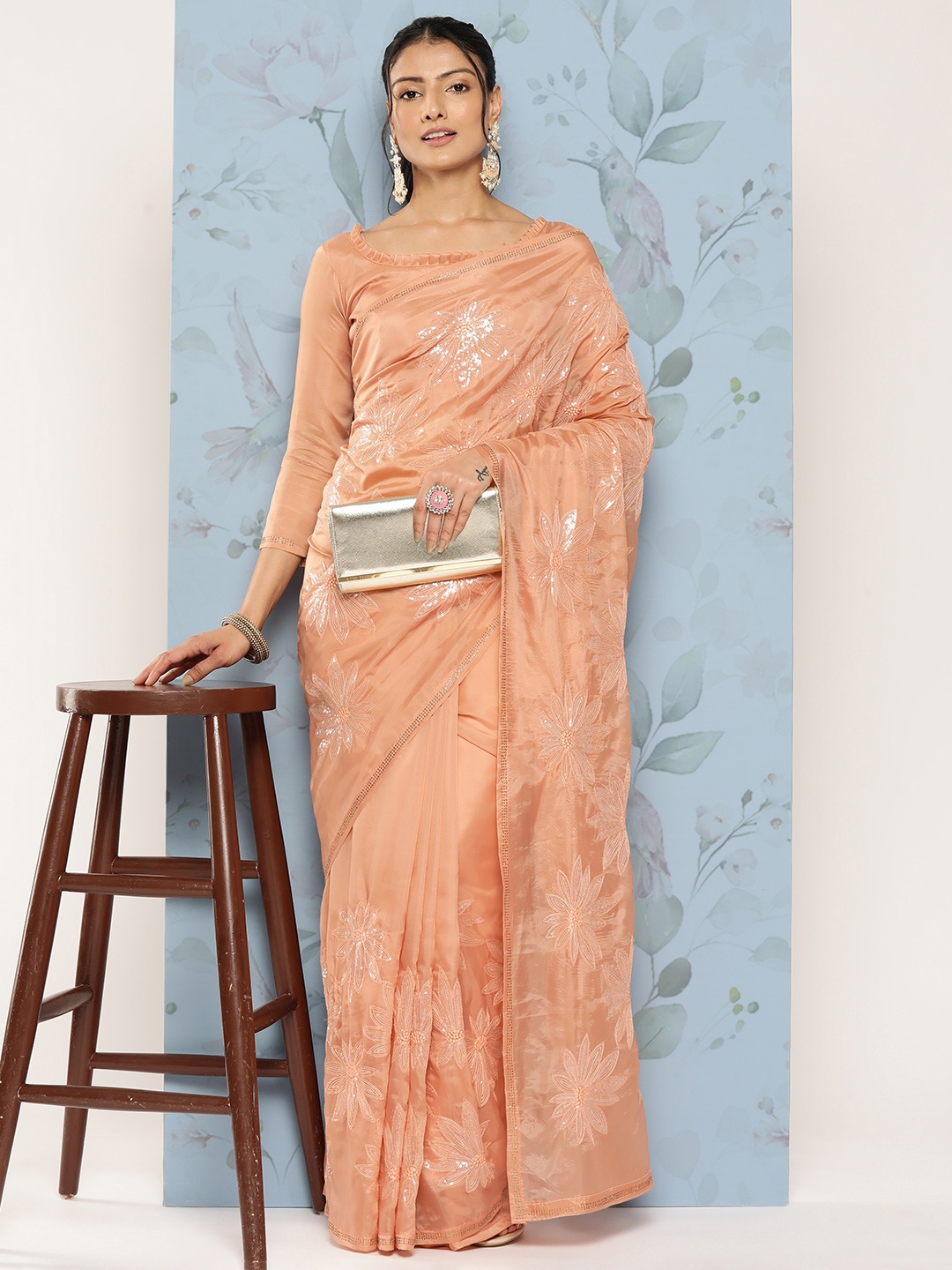 

Mitera Floral Embroidered Sequinned Organza Saree, Orange