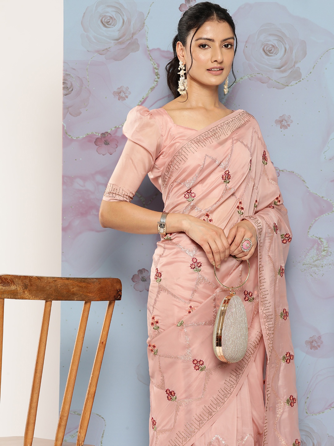 

Mitera Floral Beads & Stones Organza Saree, Purple