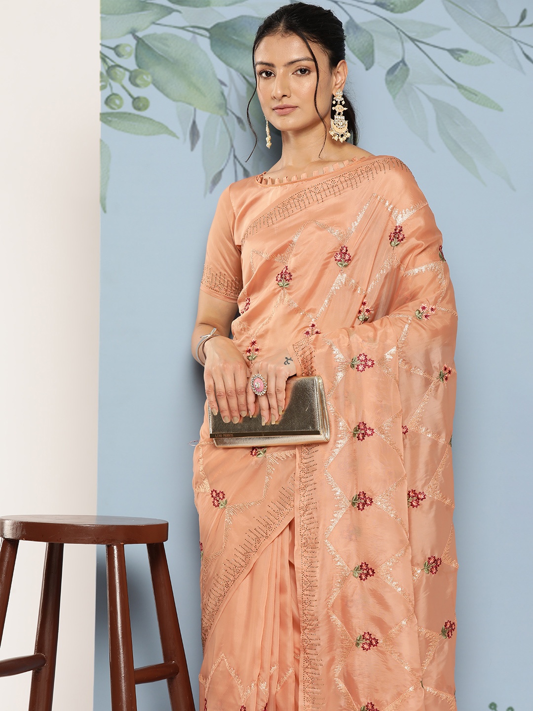 

Mitera Floral Beads & Stones Organza Saree, Orange