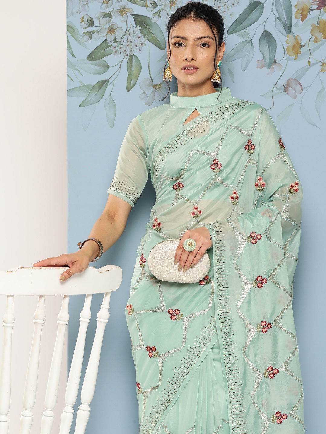 

Mitera Floral Beads & Stones Organza Saree, Green