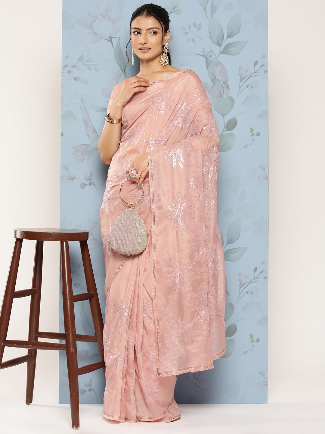 

Mitera Floral Sequinned Organza Saree, Mauve