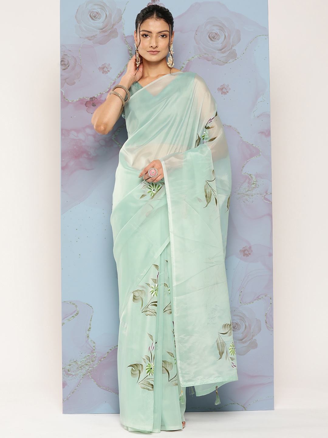 

Mitera Floral Beads & Stones Organza Saree, Green