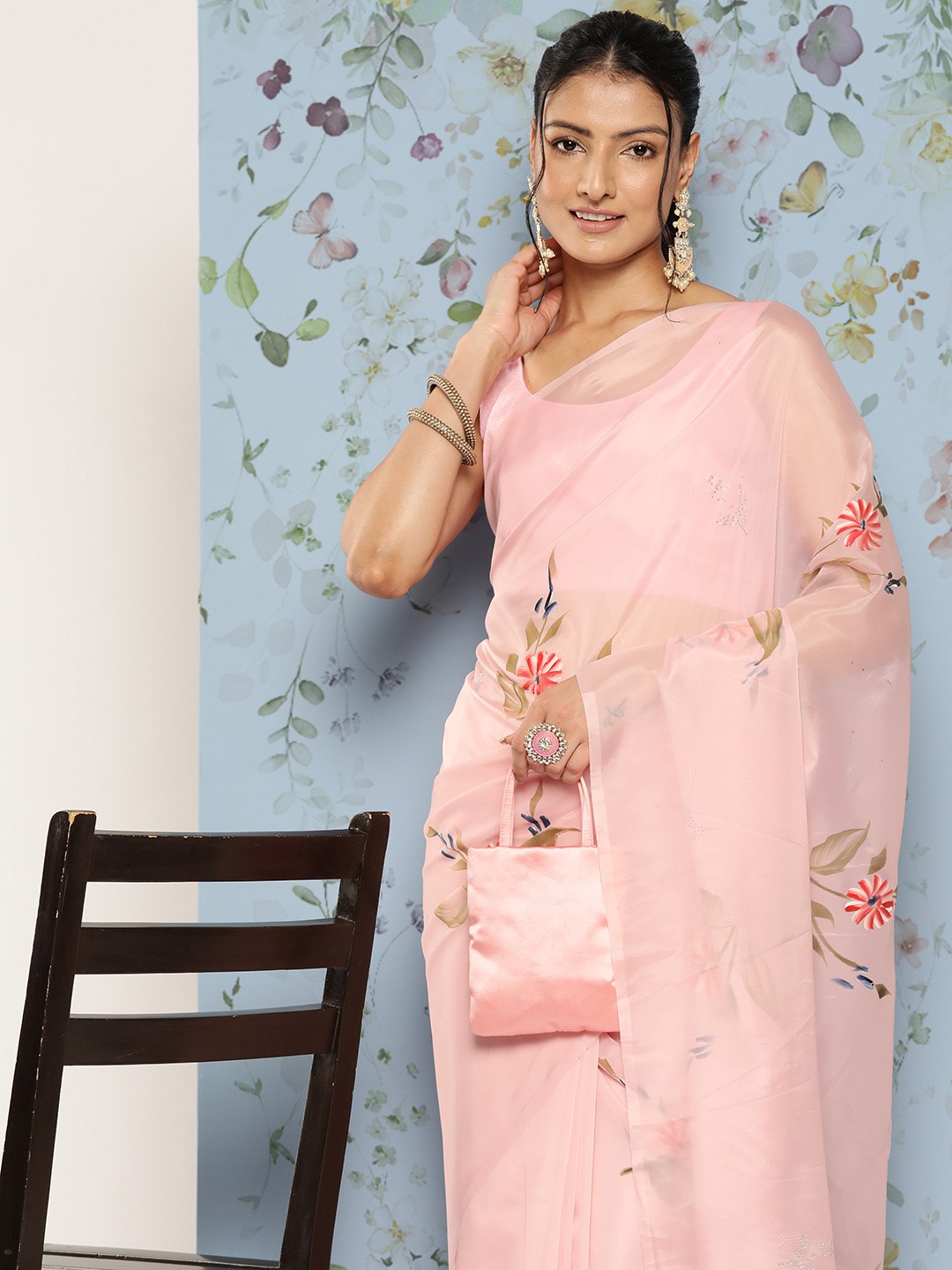 

Mitera Floral Beads & Stones Organza Saree, Pink
