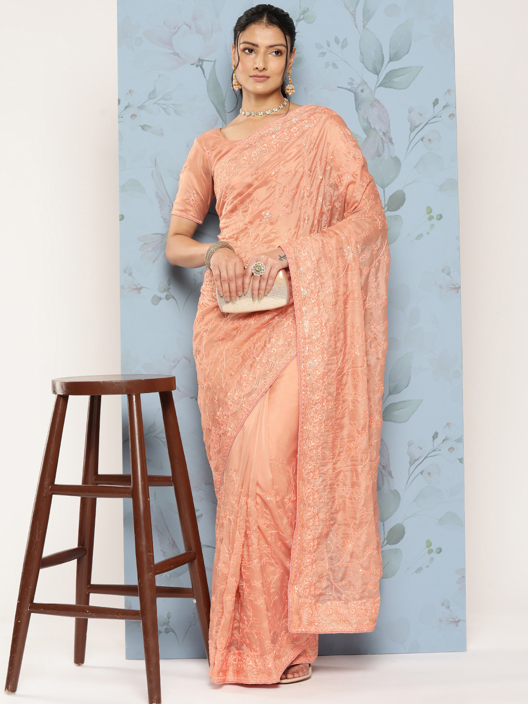 

Mitera Floral Chikankari Organza Saree, Orange