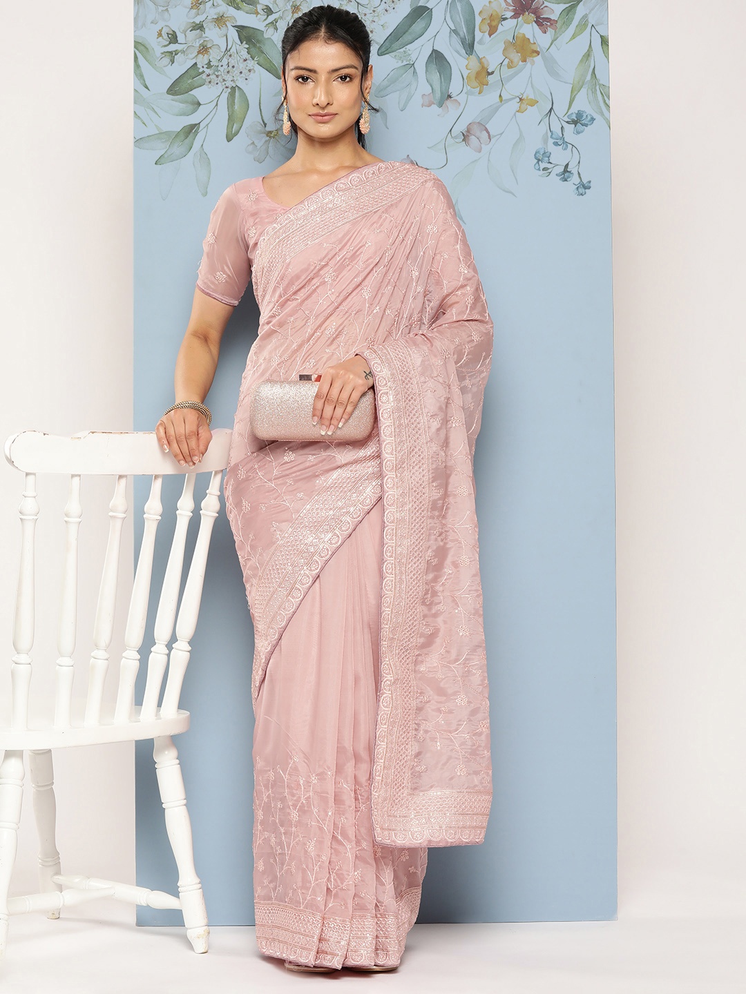 

Mitera Floral Embroidered Jaali Organza Saree, Mauve