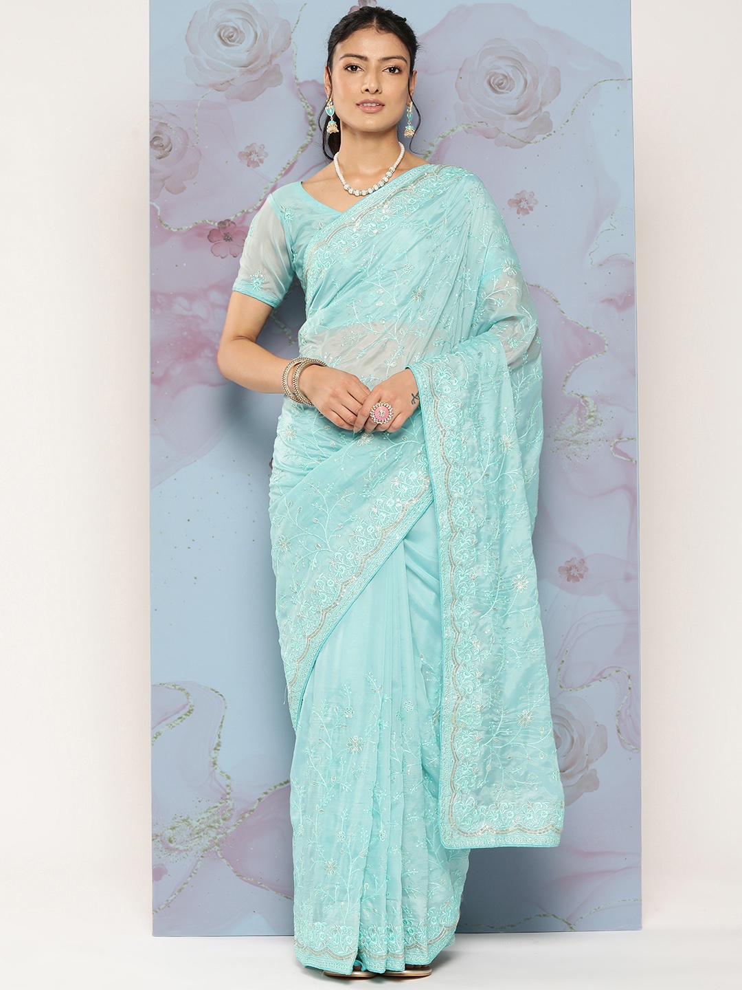 

Mitera Floral Chikankari Organza Saree, Turquoise blue