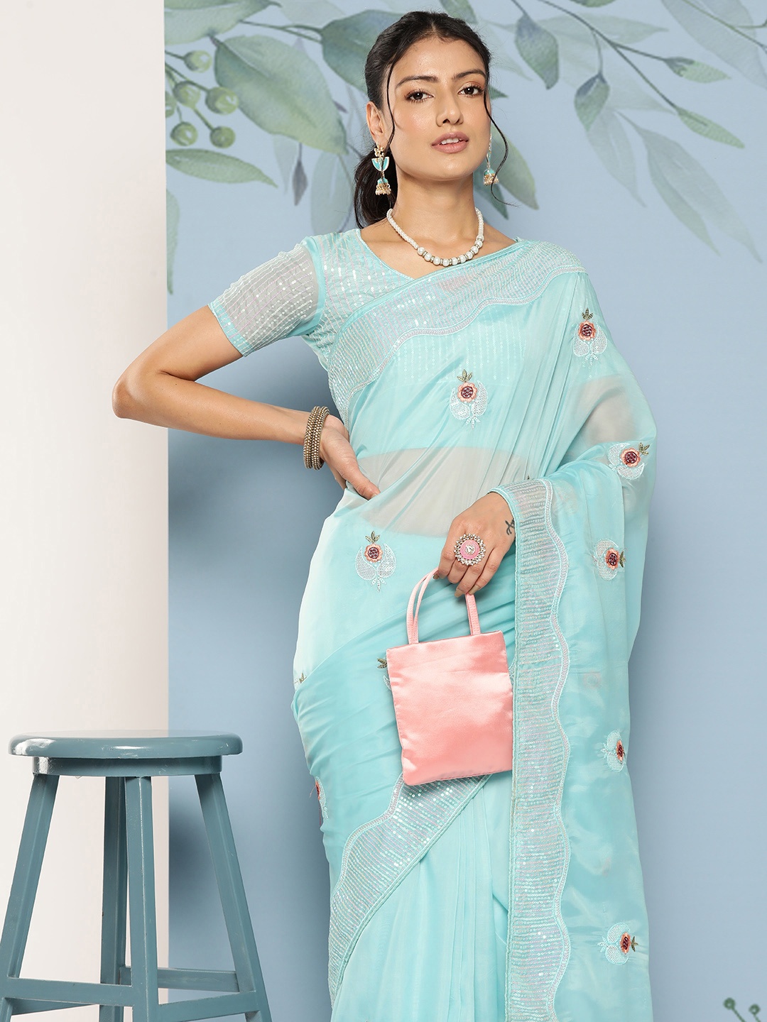 

Mitera Floral Sequinned Organza Saree, Turquoise blue