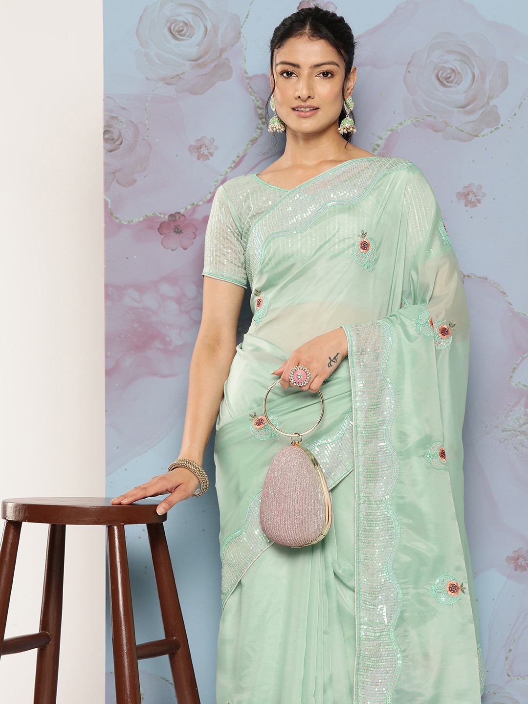 

Mitera Floral Sequinned Organza Saree, Green
