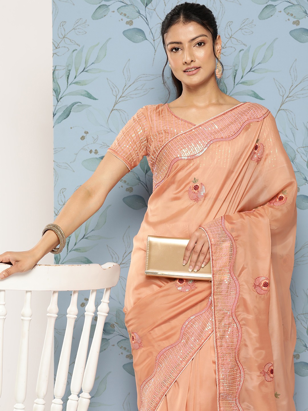 

Mitera Floral Sequinned Organza Saree, Orange