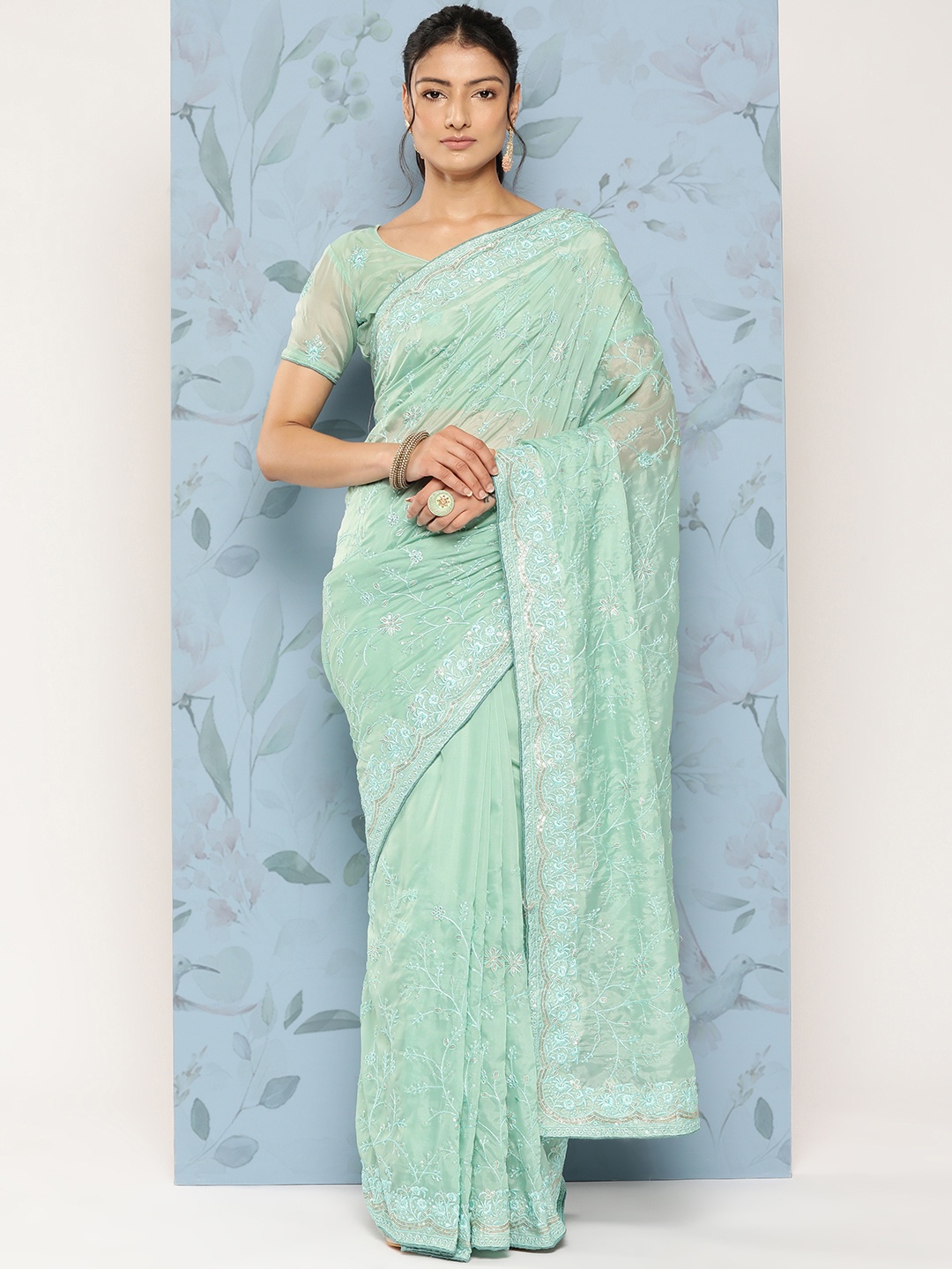 

Mitera Floral Chikankari Organza Saree, Green