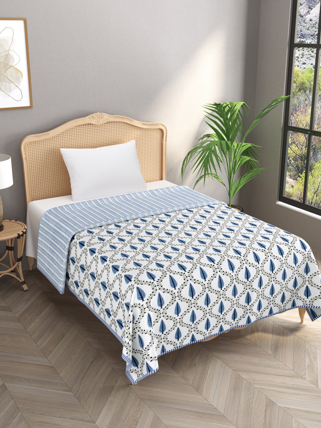 

Gulaab Jaipur White & Blue Ethnic Motifs Summer 300 GSM Single Bed Dohar