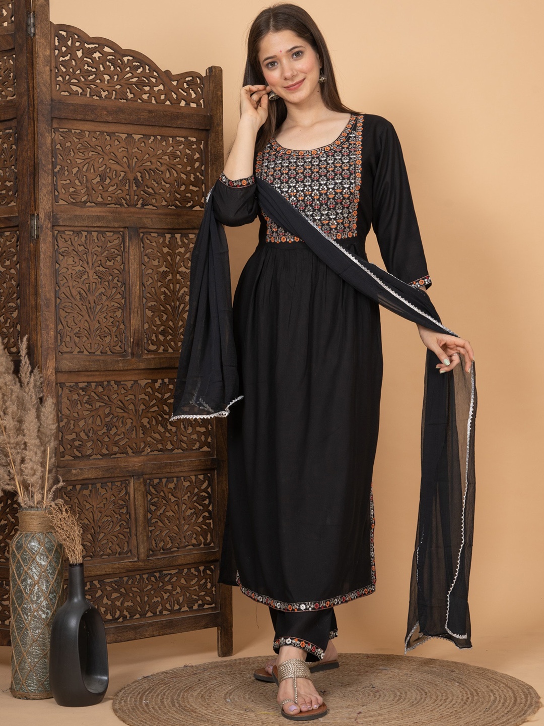 SINGNI Ethnic Motifs Embroidered Sequinned A-Line Kurta with Trousers & Dupatta, Black