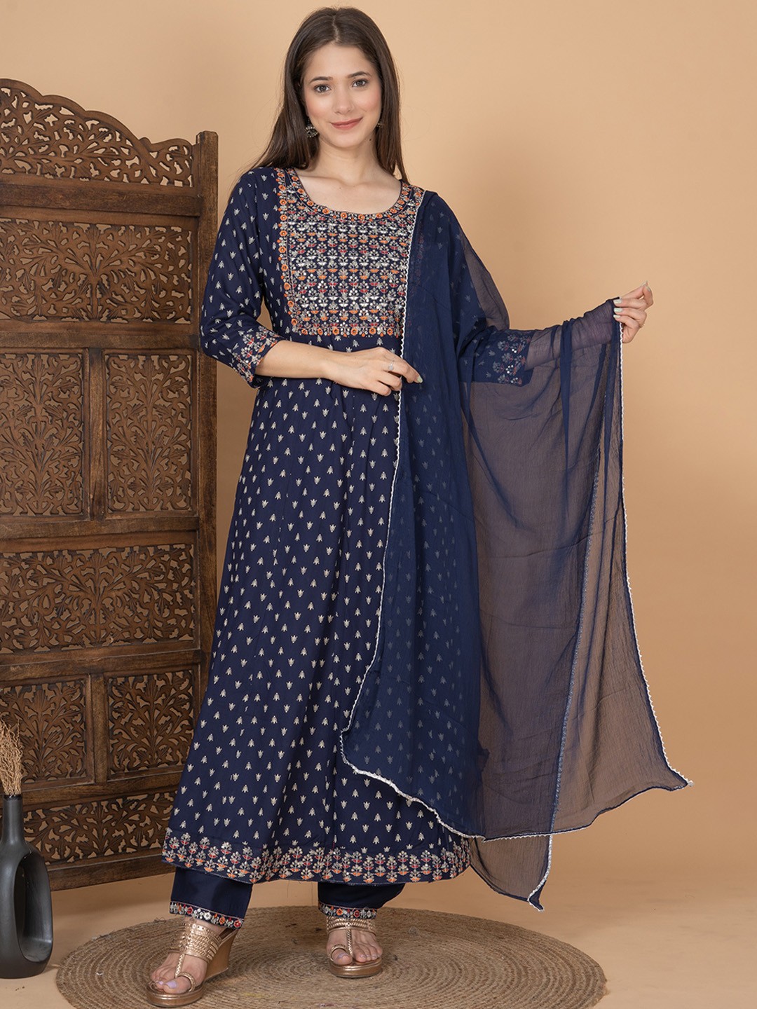 

SINGNI Ethnic Motifs Printed Gotta Patti Kurta with Trousers & Dupatta, Navy blue