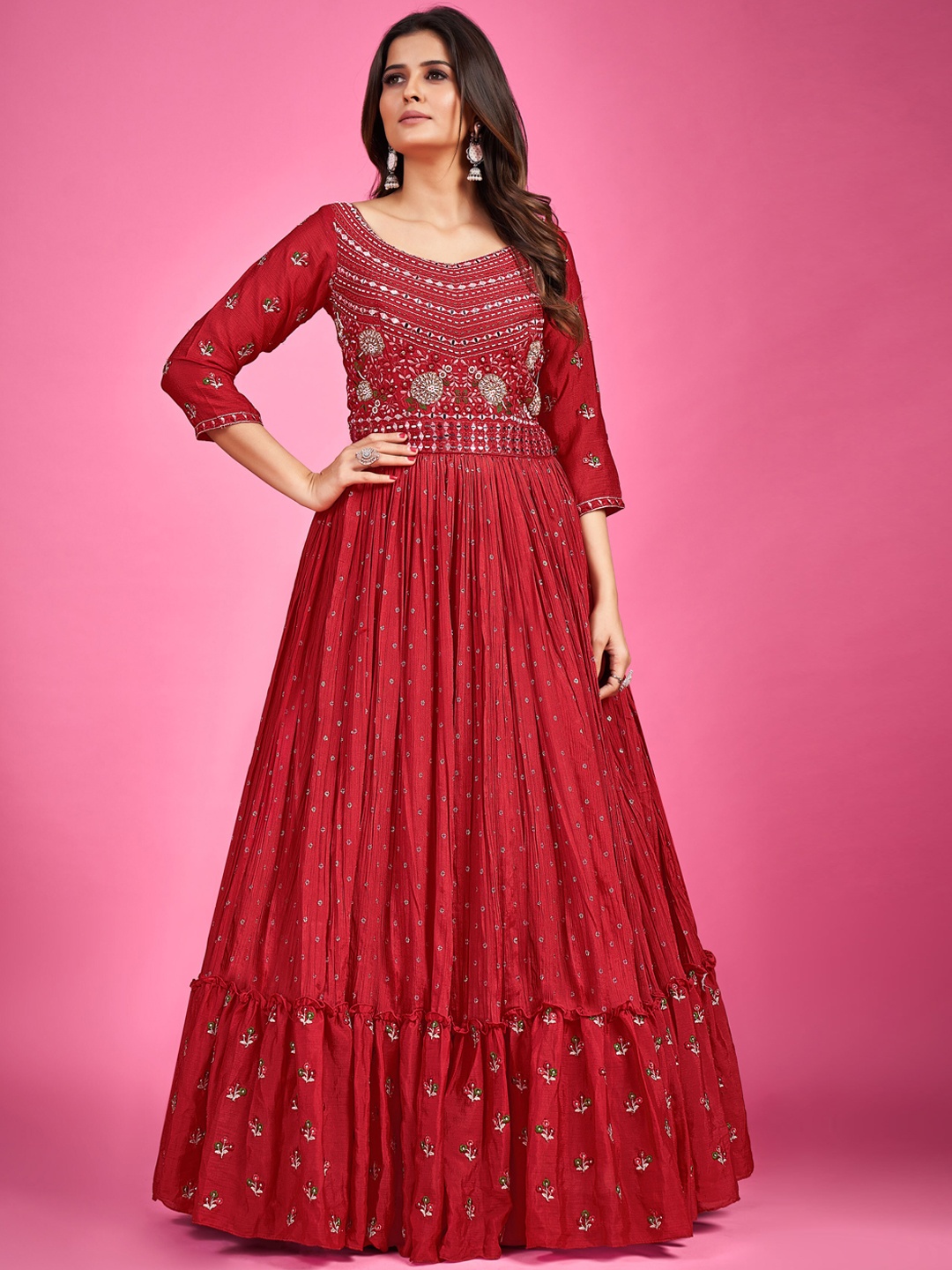 

Fusionic Floral Embroidered Mirror Work Georgette Ethnic Gown Dress With Dupatta, Maroon