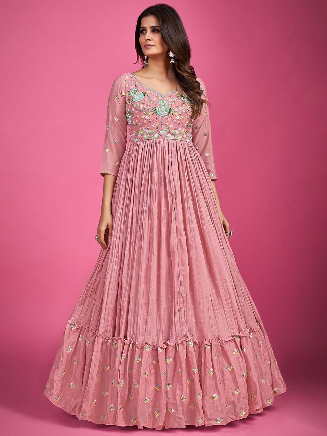 

Fusionic Embroidered Sweetheart Neck Maxi Gown Ethnic Dresses With Dupatta, Peach