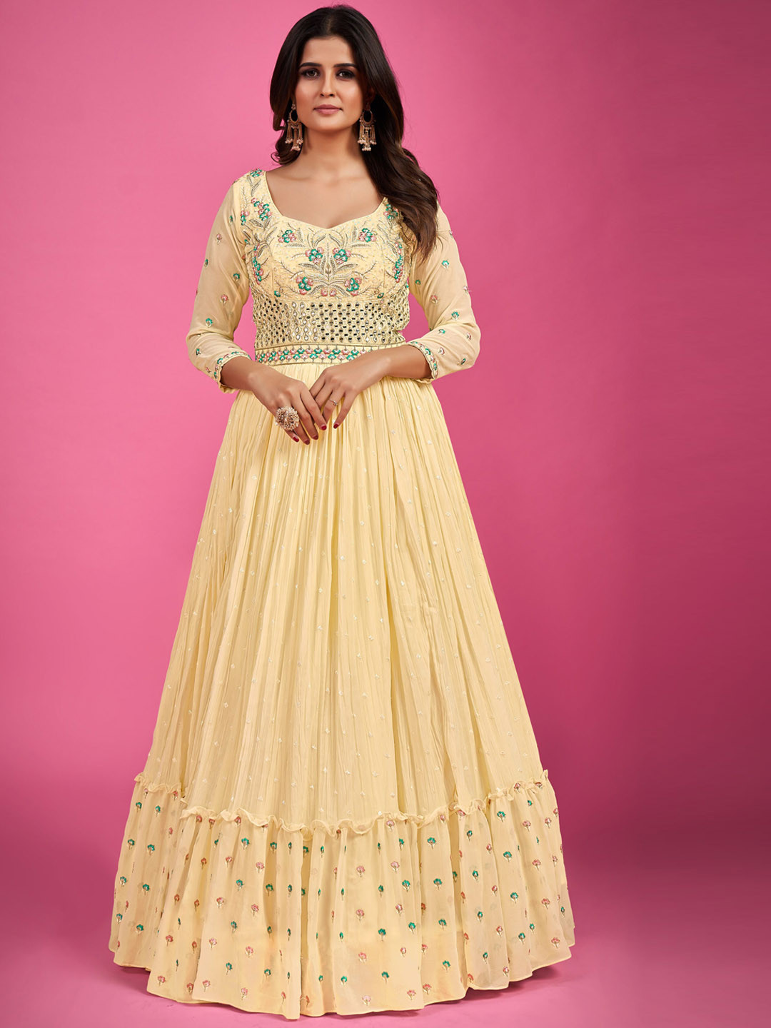 

Fusionic Embroidered Sweetheart Neck Maxi Gown Ethnic Dresses With Dupatta, Yellow