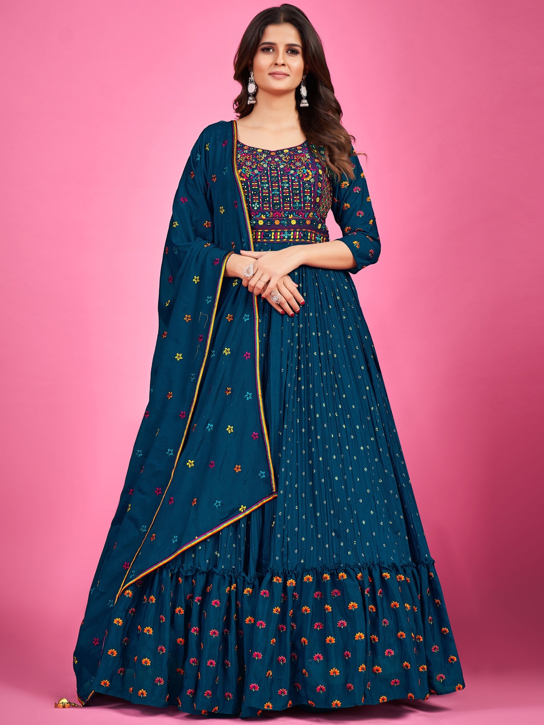 

Fusionic Ethnic Motifs Embroidered Georgette Ethnic Gown Dress With Dupatta, Navy blue