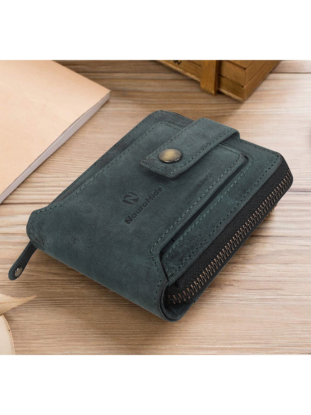 

NauraHide Men Leather RFID Zip Around Wallet, Green